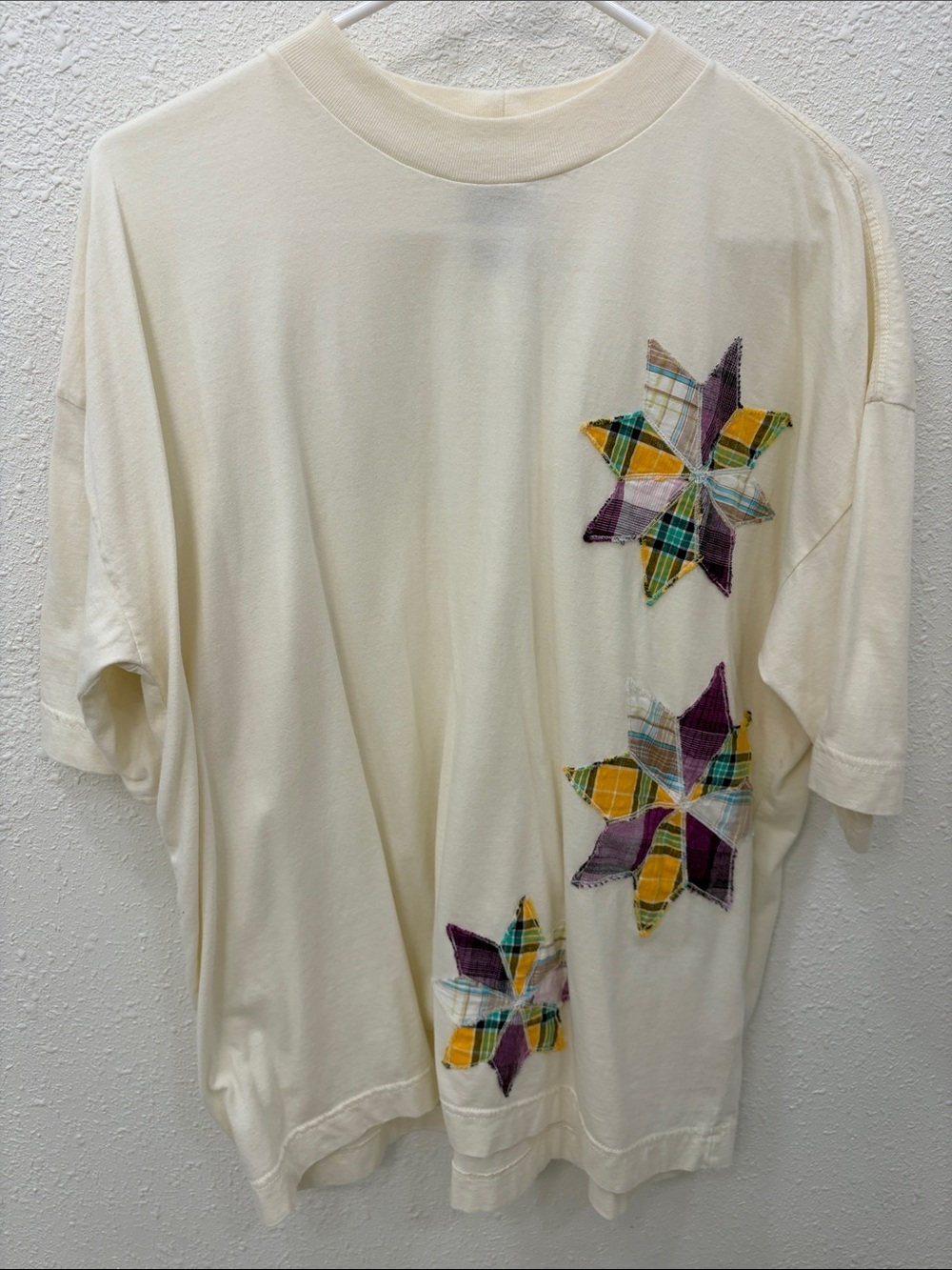 BDG Cream Tee with Plaid Star Patch Details